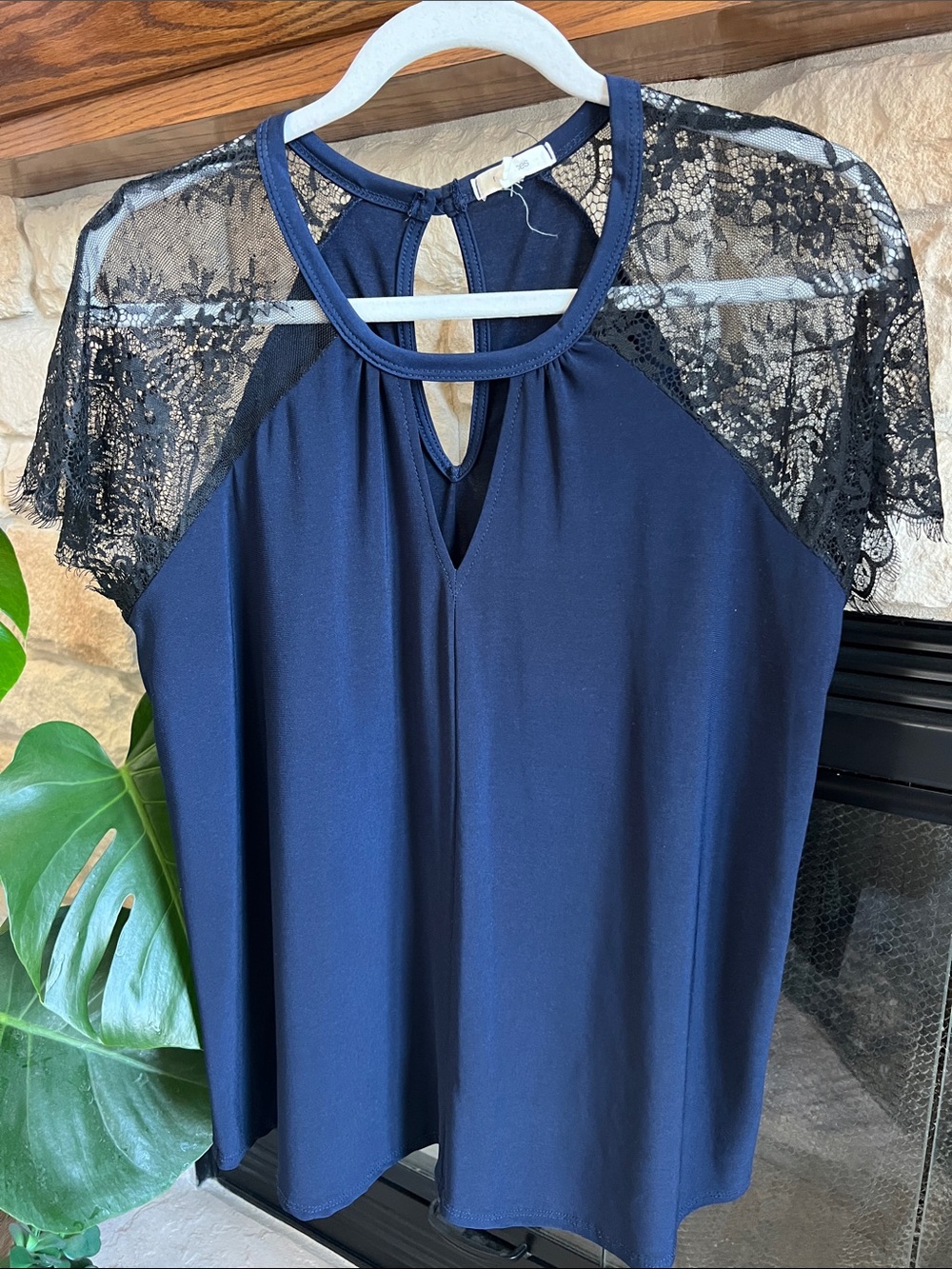 Maurices Navy Top with Black Lace Yoke
